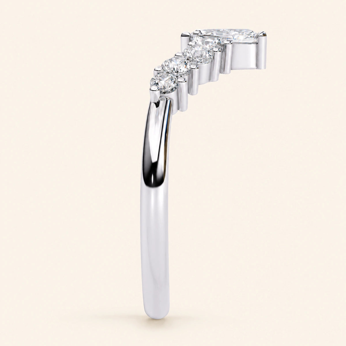 Side view of curved moissanite wedding band