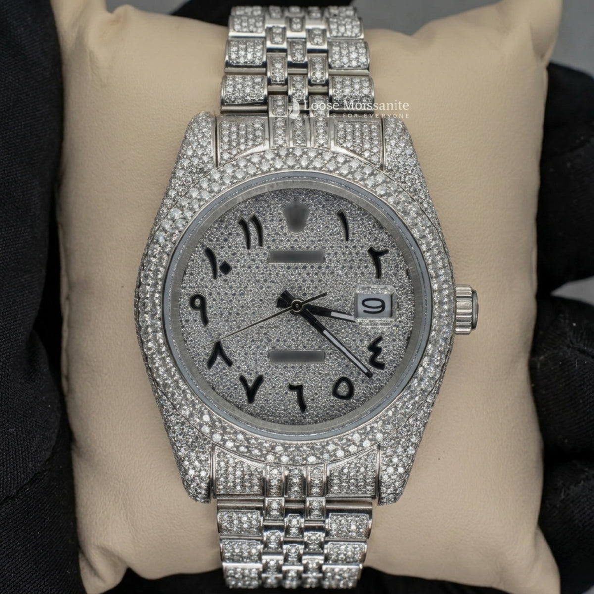 Front view of datejust full iced out moissanite watch