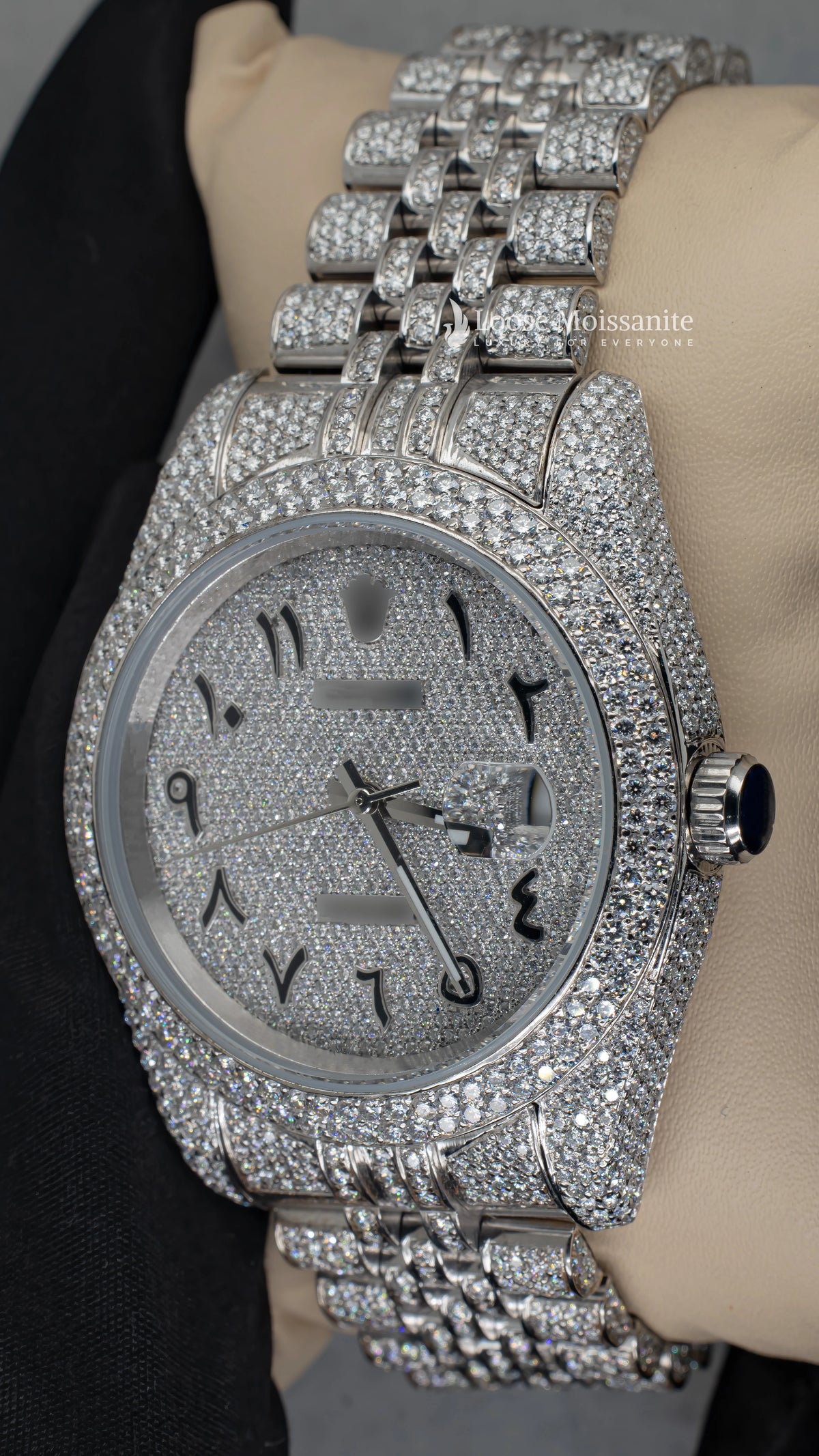 Side angle of datejust full iced out moissanite watch