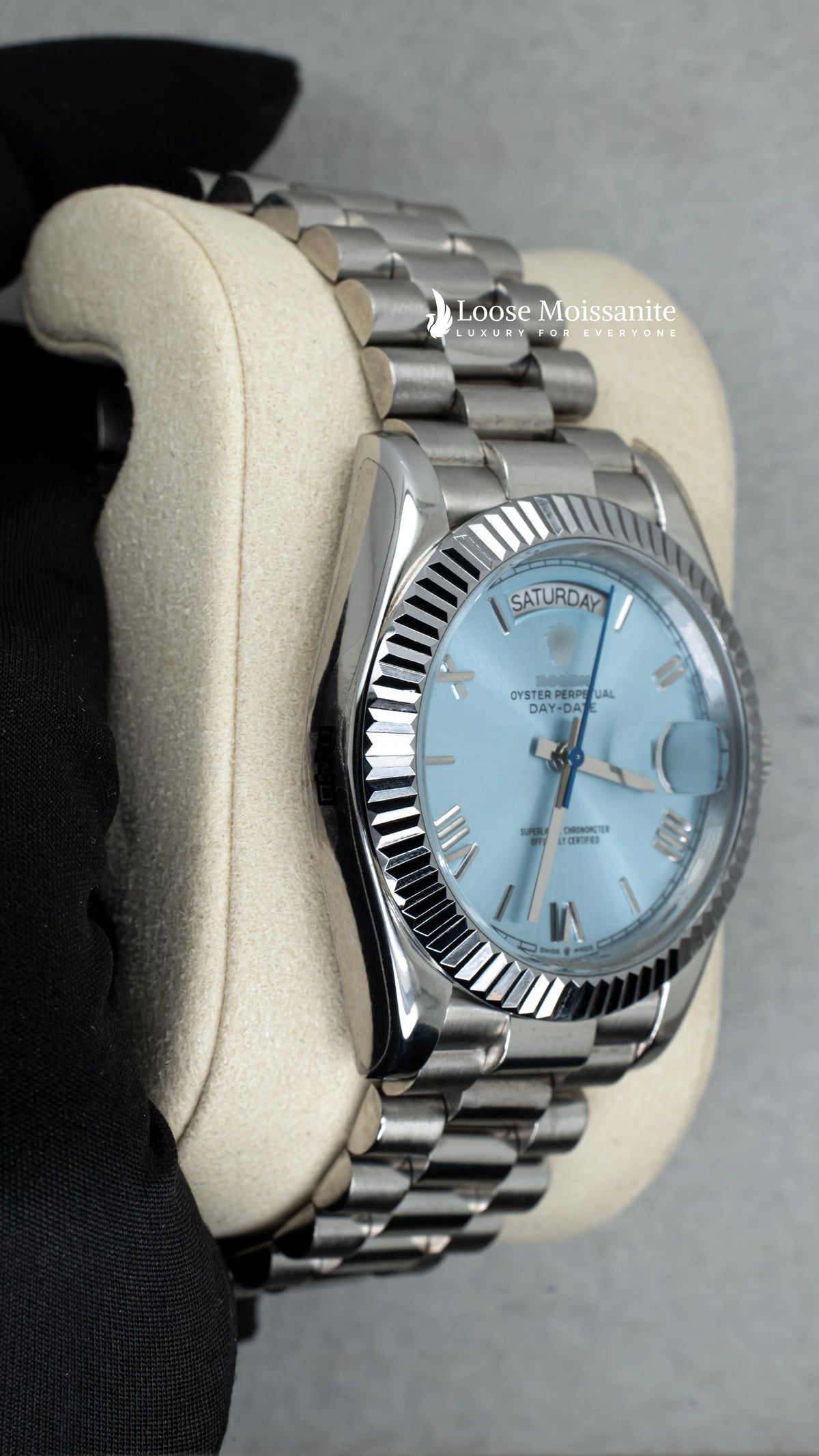Side angle view of day date sky blue dial  stainless steel plain watch | 41 mm 