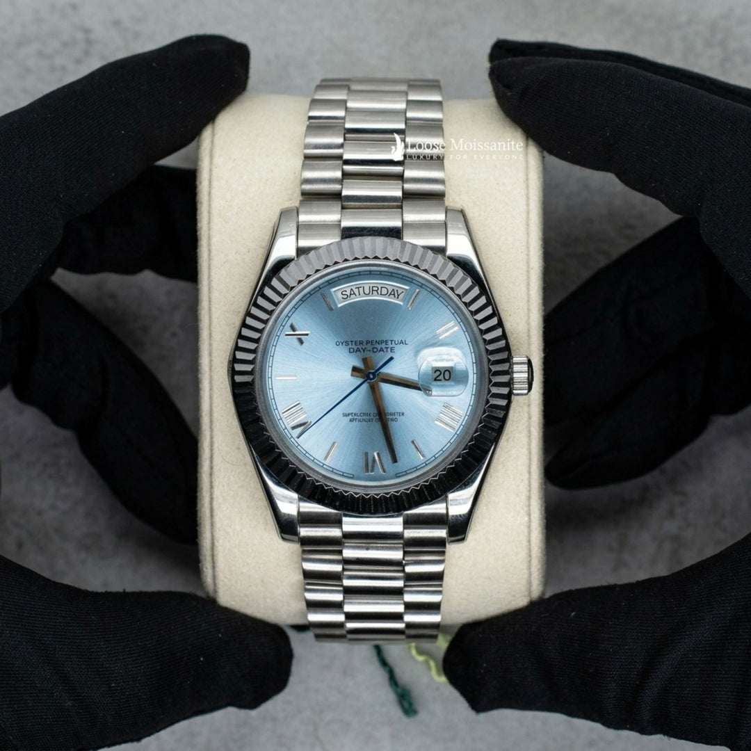 Front View Of Day-Date Sky Blue Dial Stainless Steel Plain Watch | 41 MM
