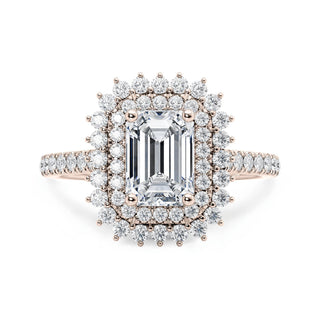 2.50 Carat Emerald Cut Double Halo Moissanite Ring in White Gold