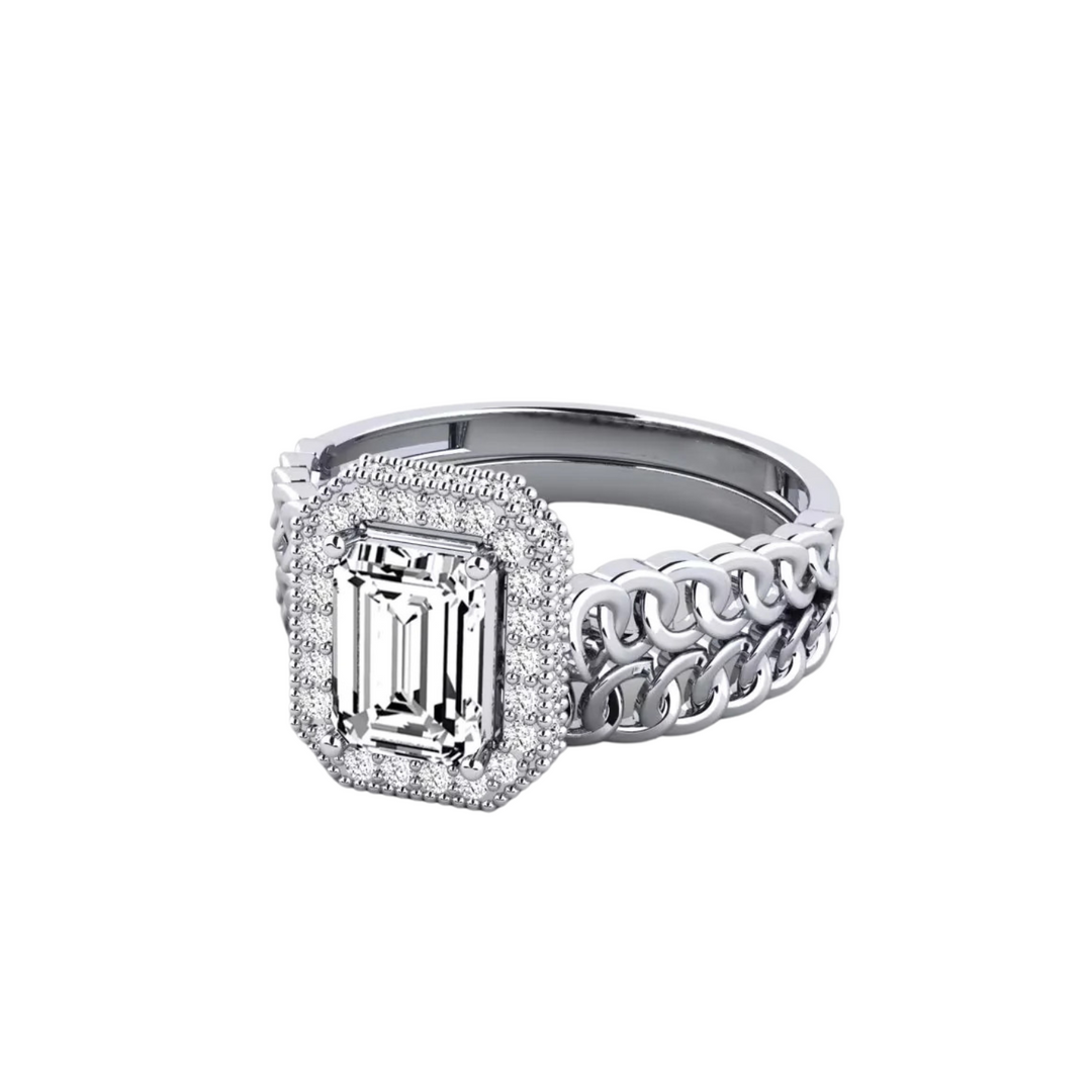 1.50 Carat Emerald Cut Hidden Halo Moissanite Bridal Set Ring in Yellow Gold