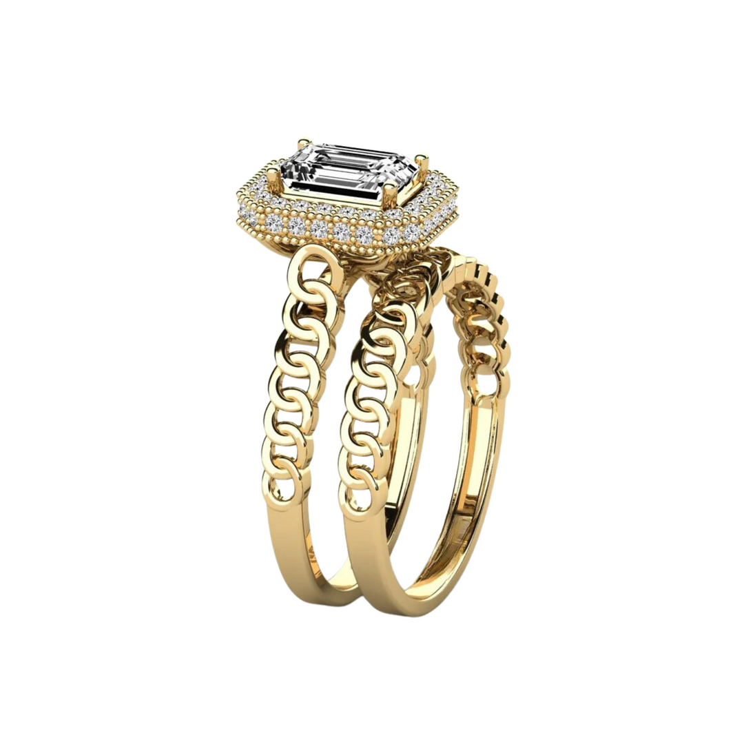 1.50 Carat Emerald Cut Hidden Halo Moissanite Bridal Set Ring in Yellow Gold