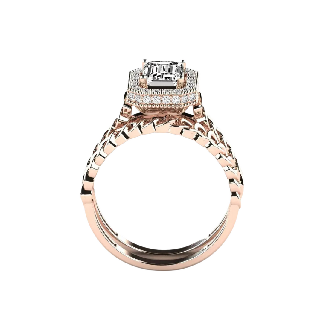 1.50 Carat Emerald Cut Hidden Halo Moissanite Bridal Set Ring in Yellow Gold