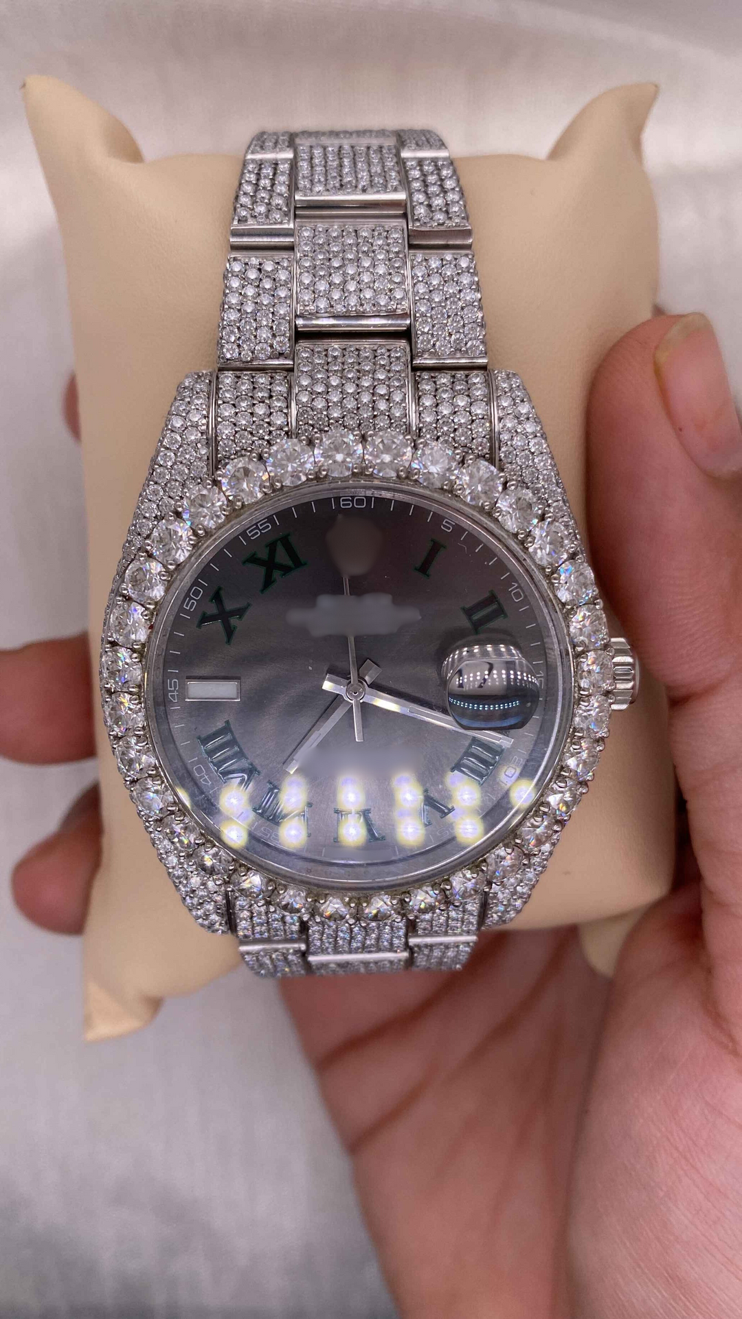 Close up view of Iced Out Moissanite Watch