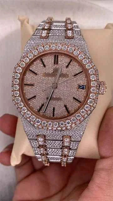 Front view of iced out ap moissanite watch