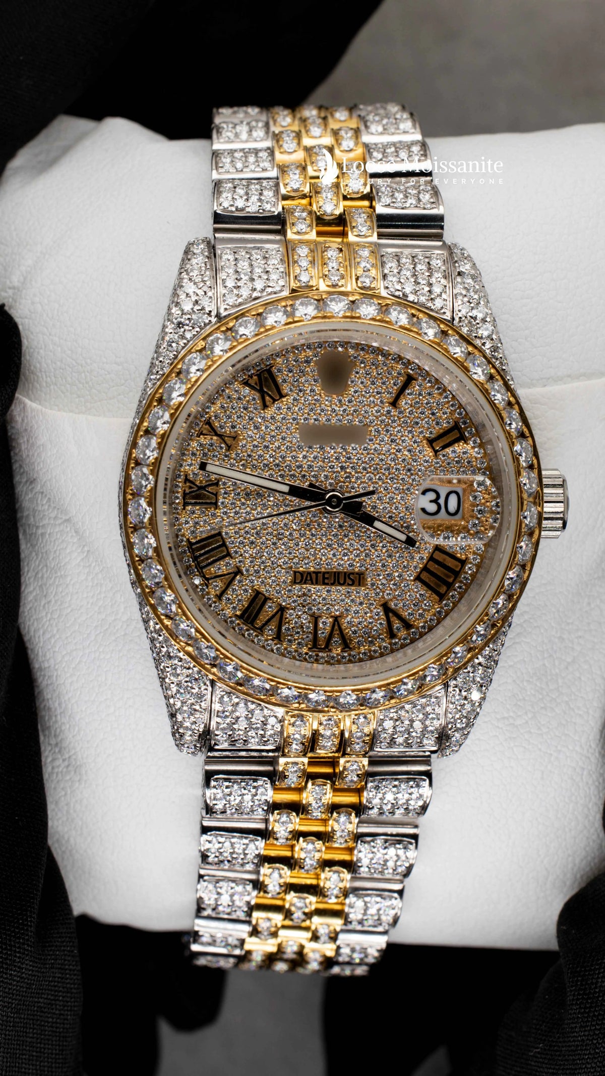 Front view of jubilee style date just moissanite watch | 36 mm | yellow gold tone