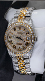 Load image into Gallery viewer, Side View of Jubilee Style Date Just Moissanite Watch | 36 MM | Yellow Gold Tone
