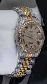 Load image into Gallery viewer, Side Angle of Jubilee Style Date Just Moissanite Watch | 36 MM | Yellow Gold Tone
