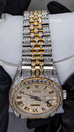 Load image into Gallery viewer, Close up view of Jubilee Style Date Just Moissanite Watch | 36 MM | Yellow Gold Tone
