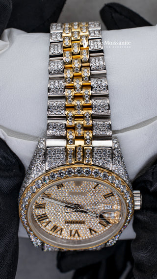 Close View of Jubilee Style Date Just Moissanite Watch  36 MM  Yellow Gold Tone