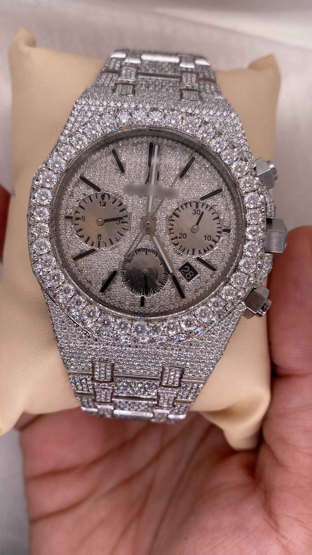 Front view of ap iced out moissanite watch for mens