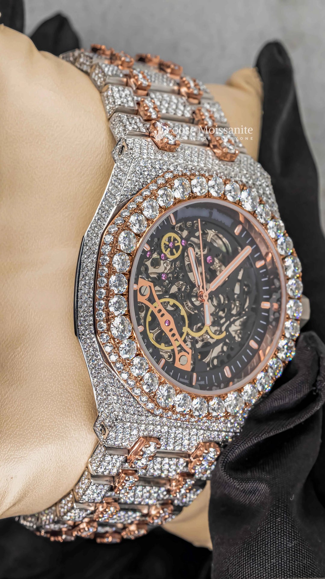 Side View of Moissanite Diamond Ap Watch | 41MM | Rose Gold Tone