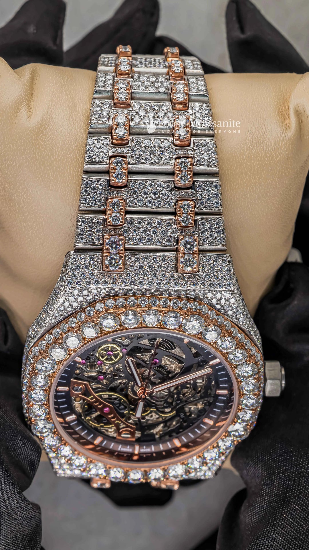 Close up view of Moissanite Diamond Ap Watch | 41MM | Rose Gold Tone