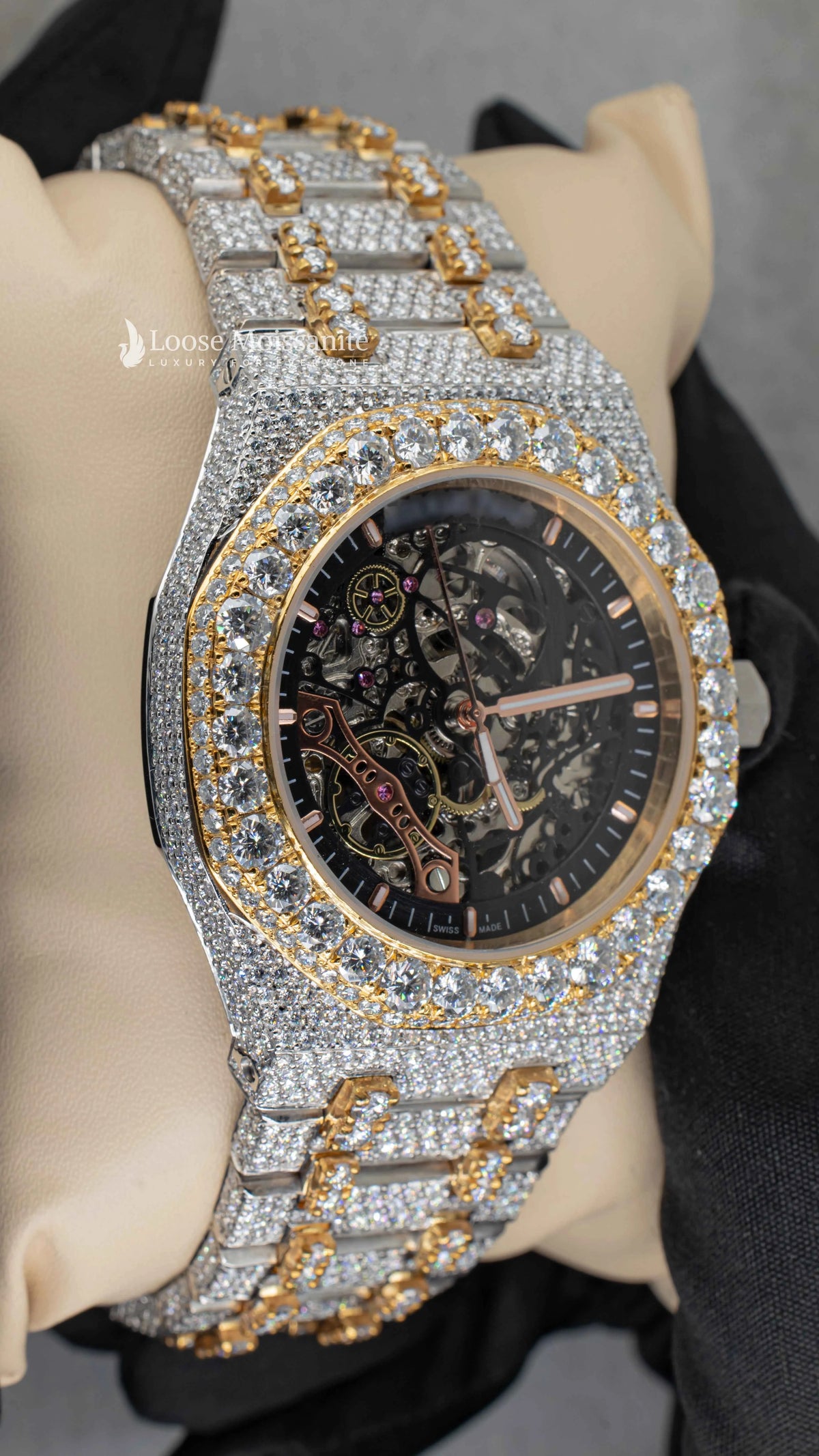 Side view of moissanite diamond ap watch | 41mm | yellow gold