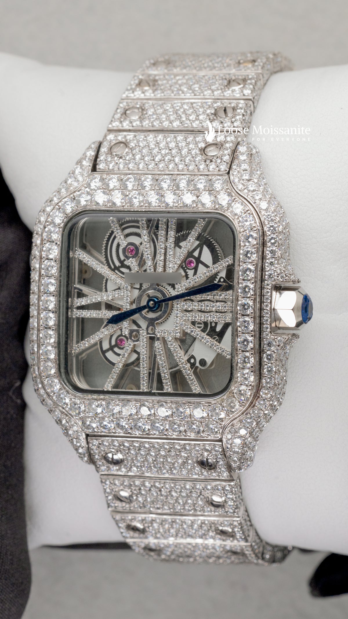 Side angle of moissanite skeleton watch