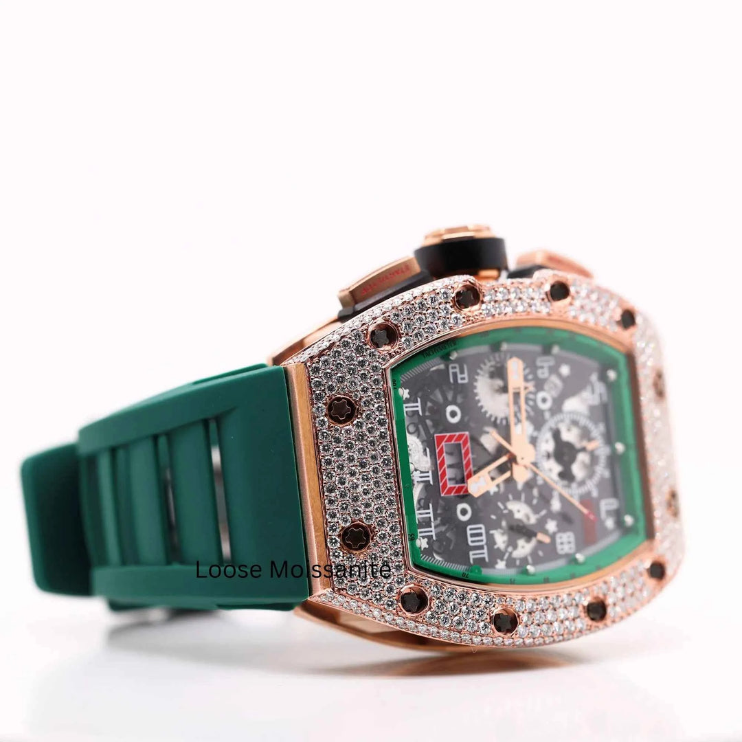 Close up view of Moissanite Watch with Rubber Strap