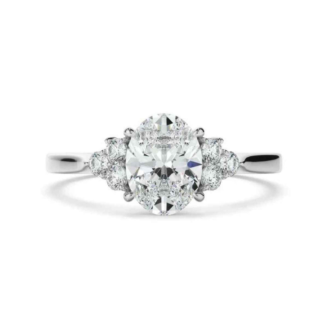 2.80 Carat Oval Cut Moissanite Cluster Engagement Ring In White Gold