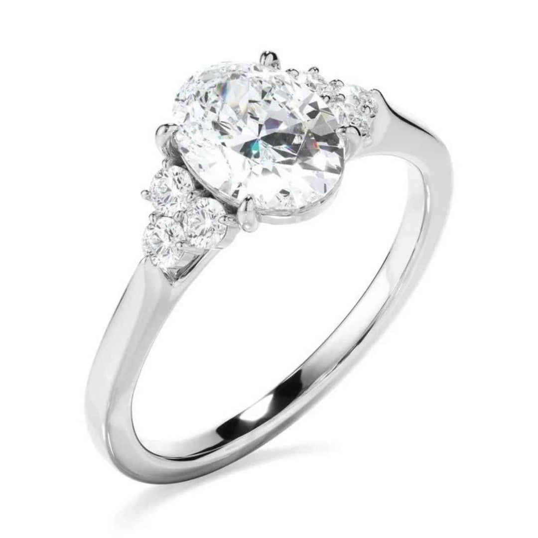 2.80 Carat Oval Cut Moissanite Cluster Engagement Ring In White Gold