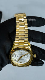 Load image into Gallery viewer, Close up View Of Oyster Perpetual Day-Date White Dial Plain Watch In Yellow Gold
