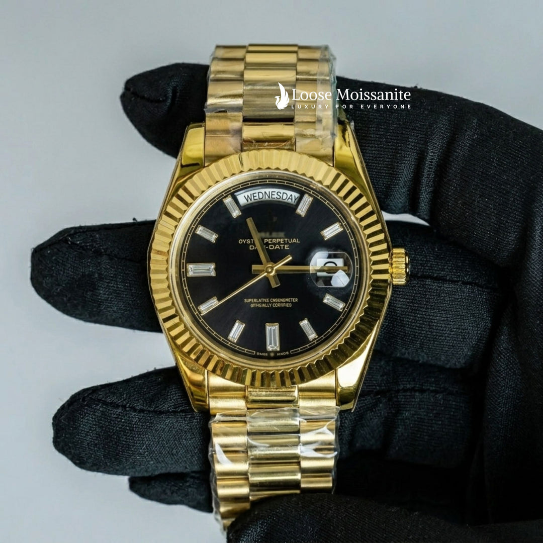 Front View Of Oyster Perpetual Day-Date Black Dial Plain Watch In Yellow Gold