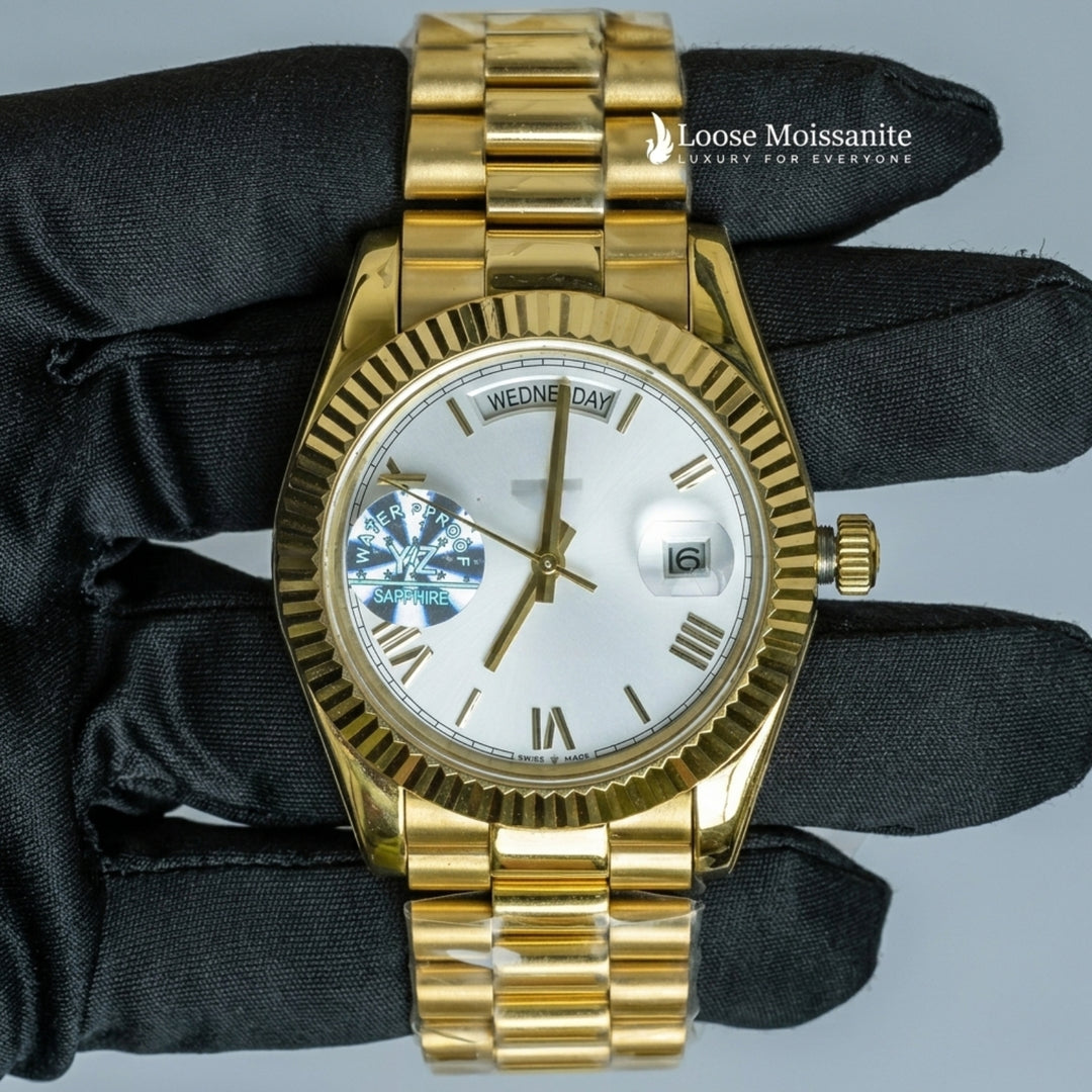 Front View Of Oyster Perpetual Day-Date White Dial Plain Watch In Yellow Gold