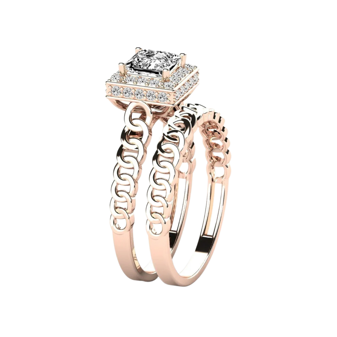 1.50 Carat Princess Cut Hidden Halo Moissanite Bridal Set Ring In Rose Gold