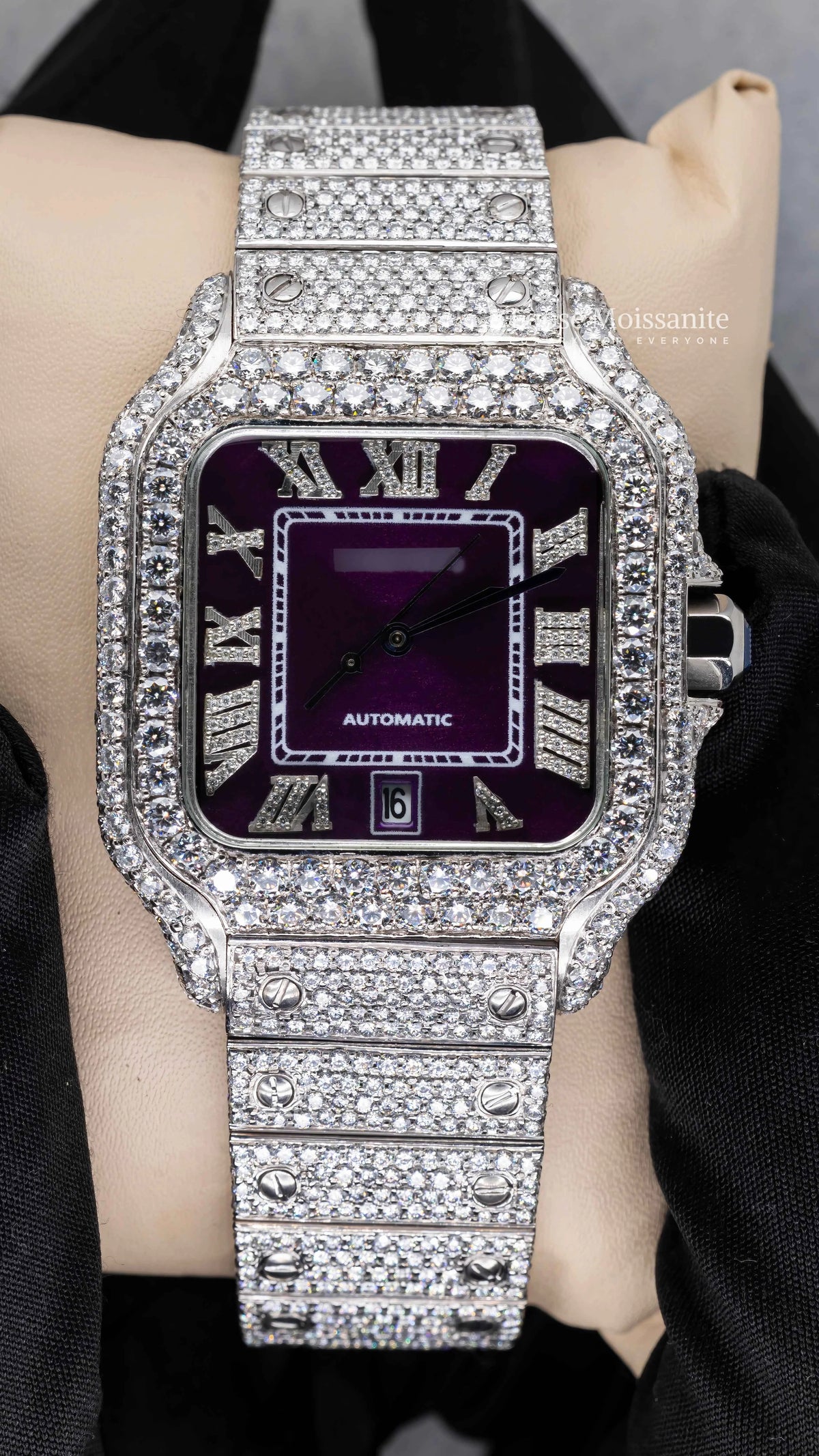 Front view of purple dial moissanite watch | 41 mm
