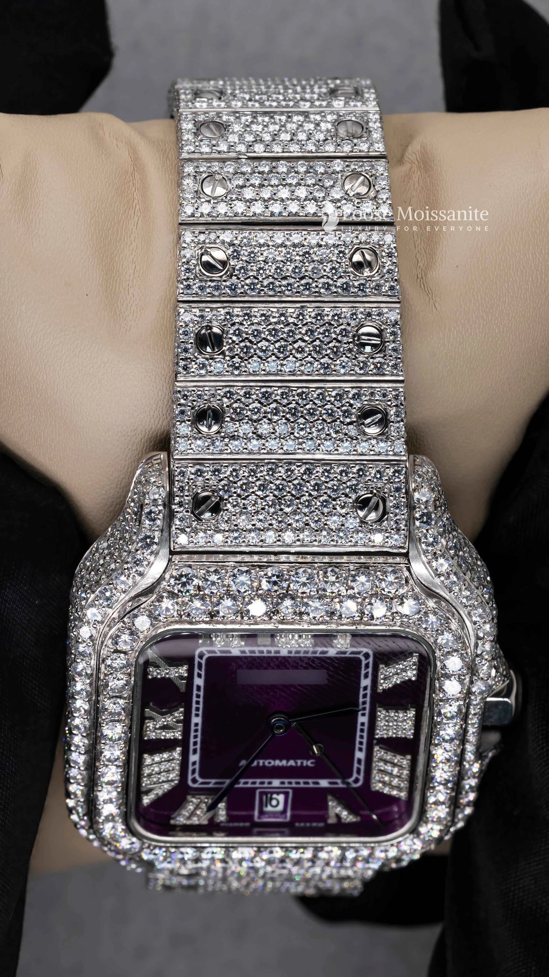 Close up view of Purple Dial Moissanite Watch | 41 MM