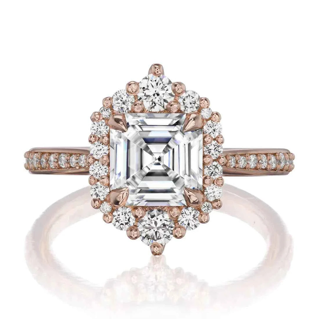 2.50 Carat Asscher Cut Vintage Halo Moissanite Ring in Rose Gold