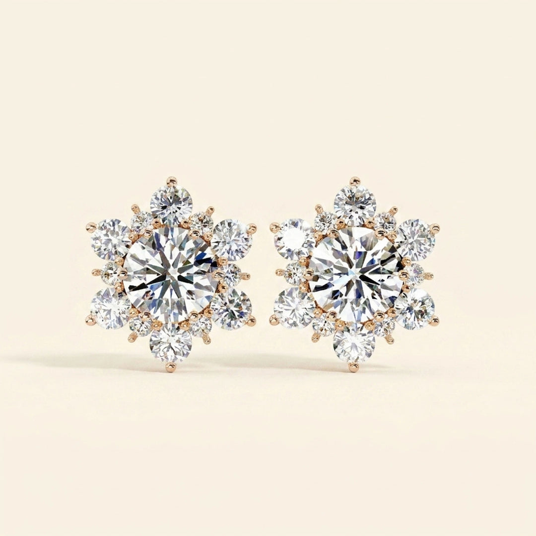 Floral Cluster Earrings Studs Round Cut Design