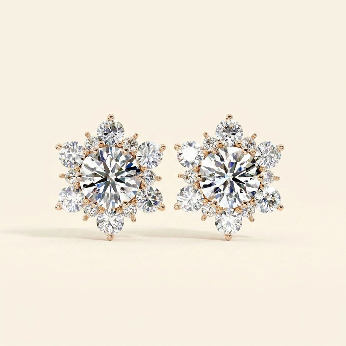 Front view of floral cluster earrings studs round cut design