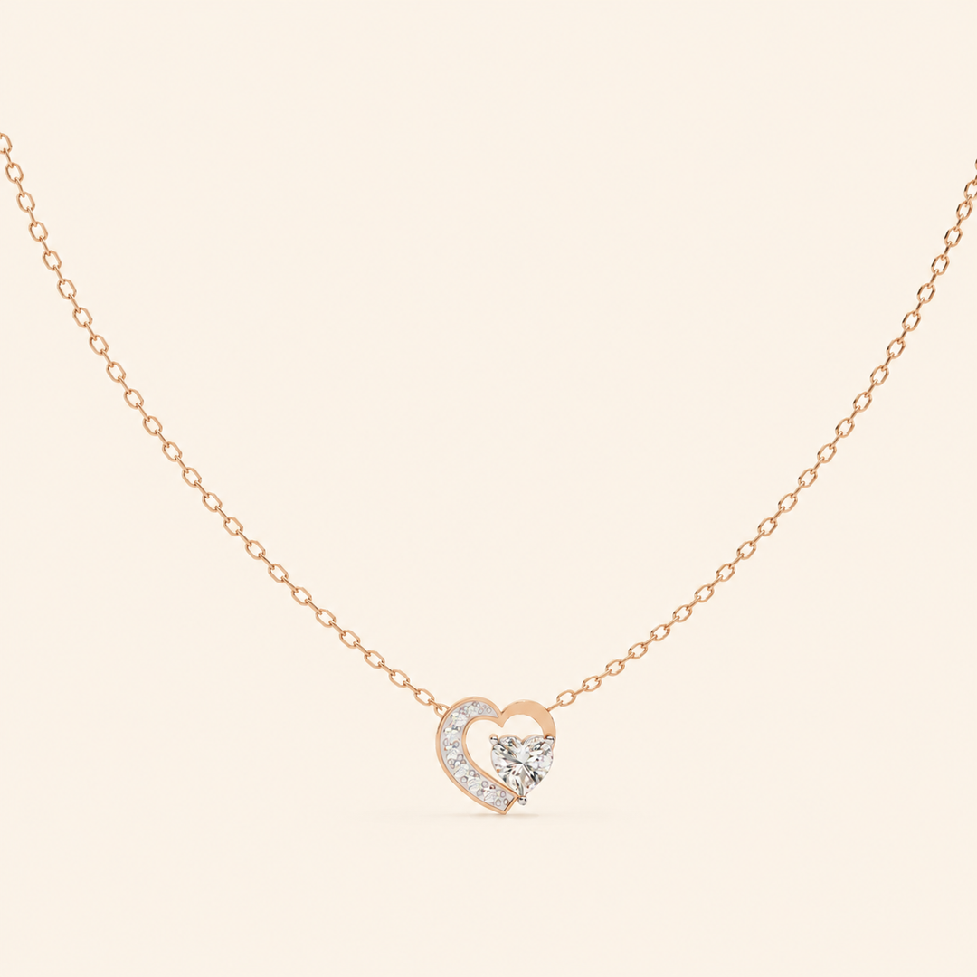 Front View Of Heart Cut Necklace In Pave Prong Setting