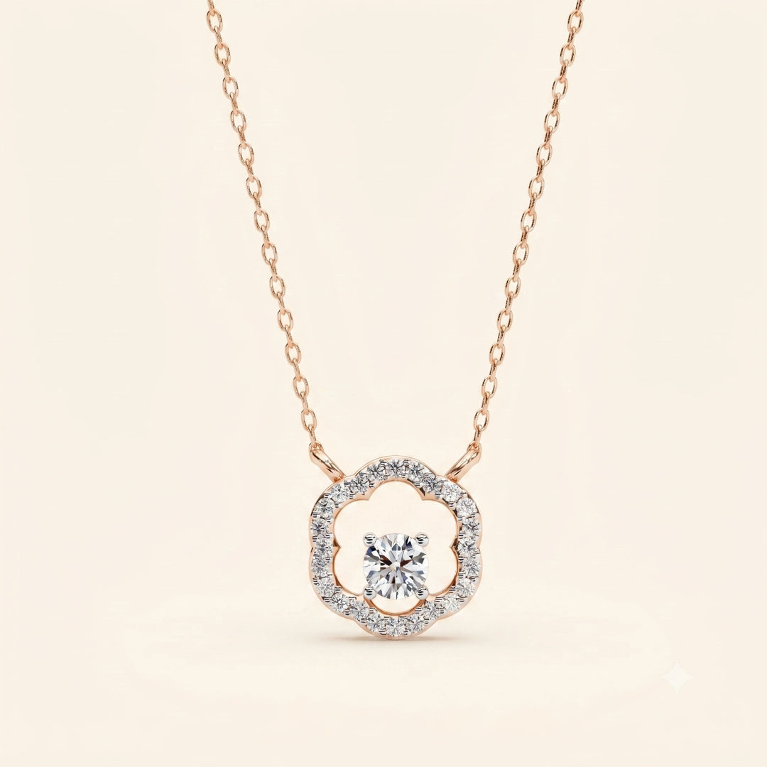 Front View Of Round Cut Quatrefoil Necklace