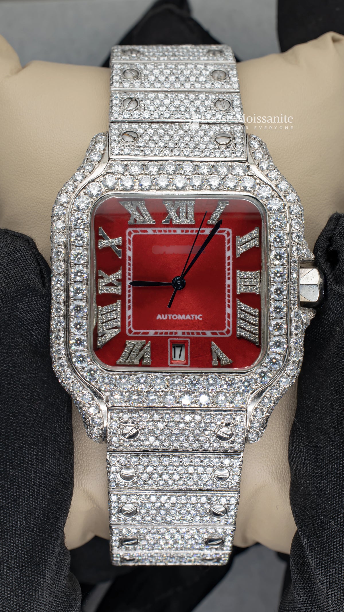 Fornt view of red dial moissanite watch 41 mm
