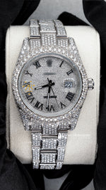 Load image into Gallery viewer, Front View of Roman Dial Date Just Moissanite Watch for Men 41 MM
