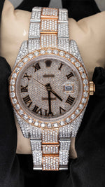Load image into Gallery viewer, Front View of Roman Dial Moissanite Presidential Watch | 41 MM | Rose Gold Tone
