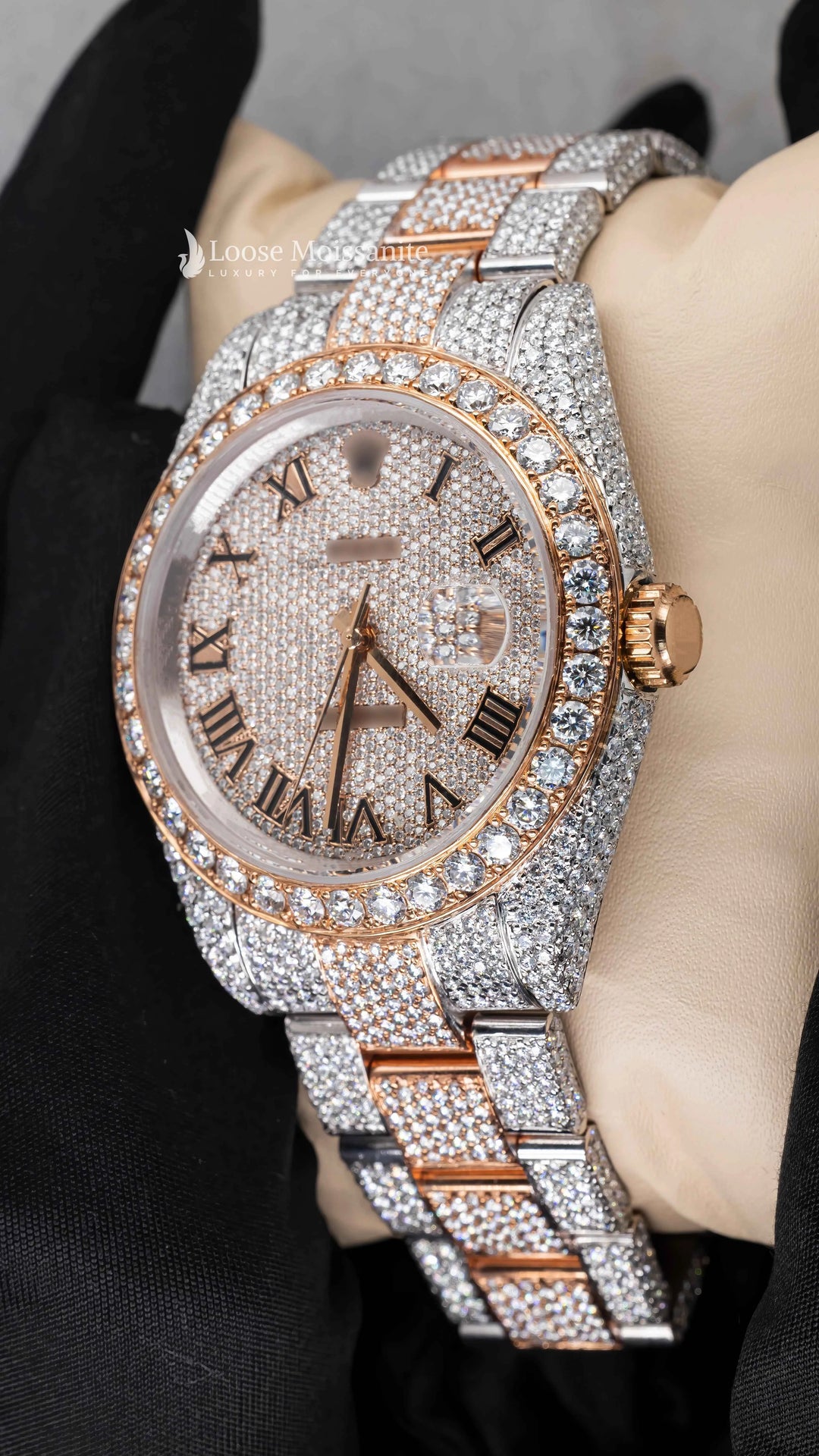 Side Angle of Roman Dial Moissanite Presidential Watch | 41 MM | Rose Gold Tone