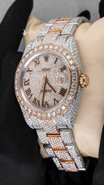 Load image into Gallery viewer, Side Angle of Roman Dial Moissanite Presidential Watch | 41 MM | Rose Gold Tone
