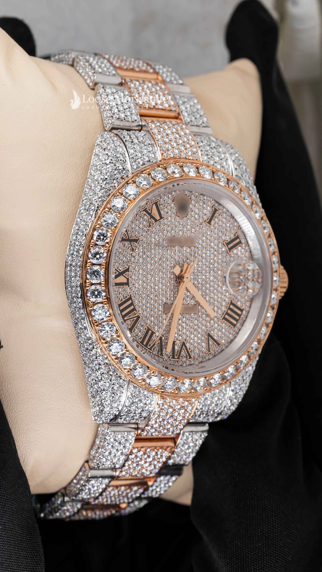 Side View of Roman Dial Moissanite Presidential Watch | 41 MM | Rose Gold Tone