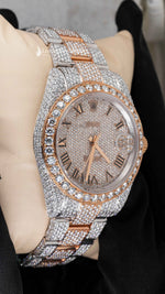 Load image into Gallery viewer, Side View of Roman Dial Moissanite Presidential Watch | 41 MM | Rose Gold Tone

