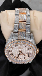 Load image into Gallery viewer, Close up view of Roman Dial Moissanite Presidential Watch | 41 MM | Rose Gold Tone
