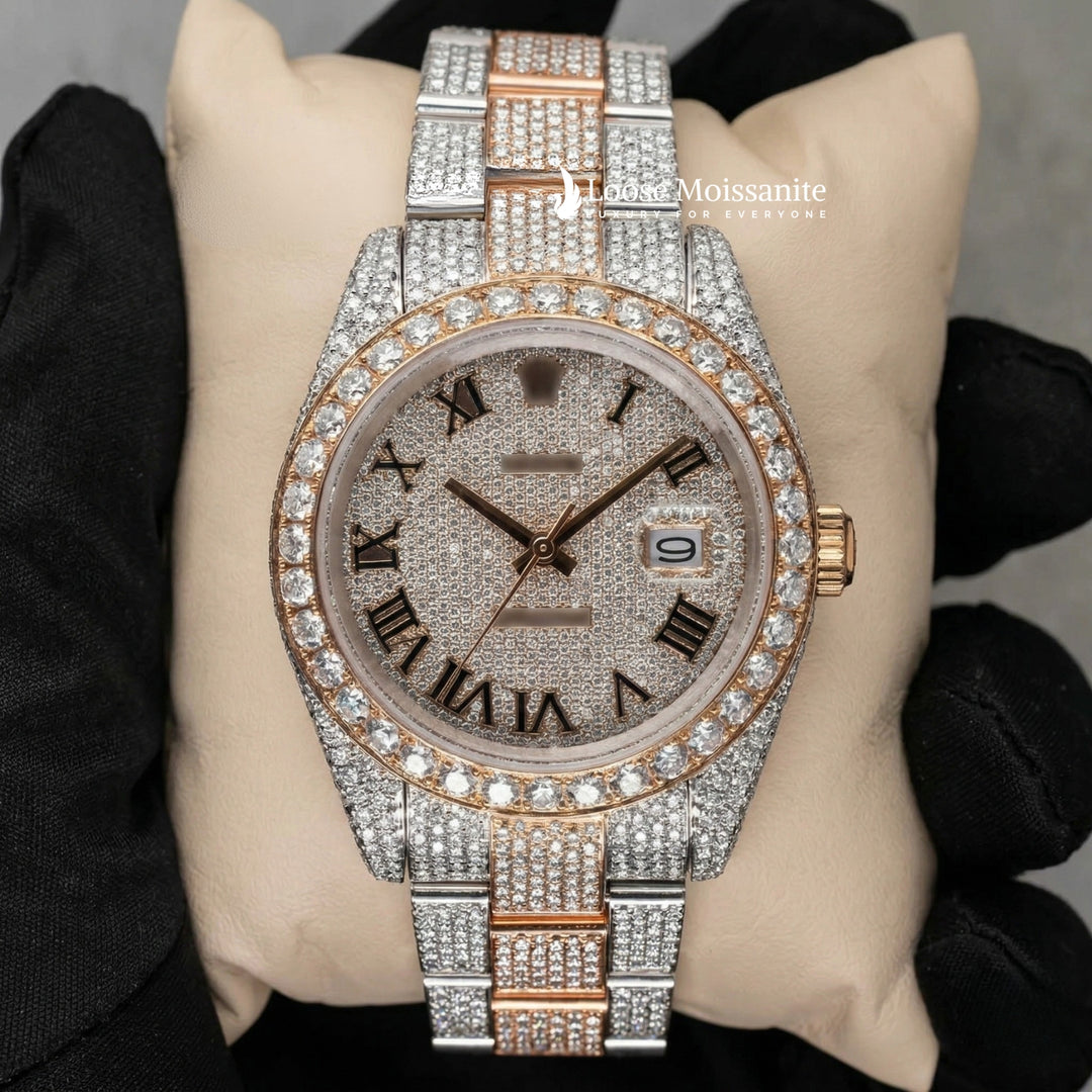 Front View Of Roman Dial Moissanite Presidential Watch | 41 MM | Rose Gold Tone