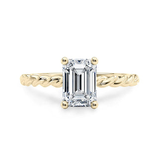 1.50 Emerald Shaped Rope Design Solitaire Moissanite Ring in Yellow Gold