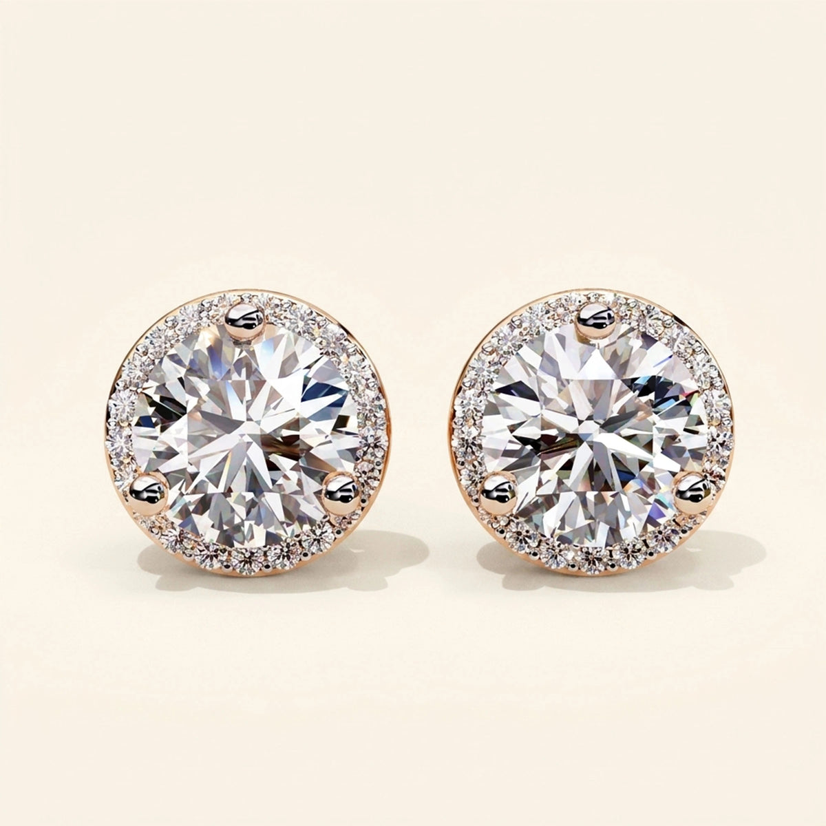 Front view of round halo stud earrings classic bezel look