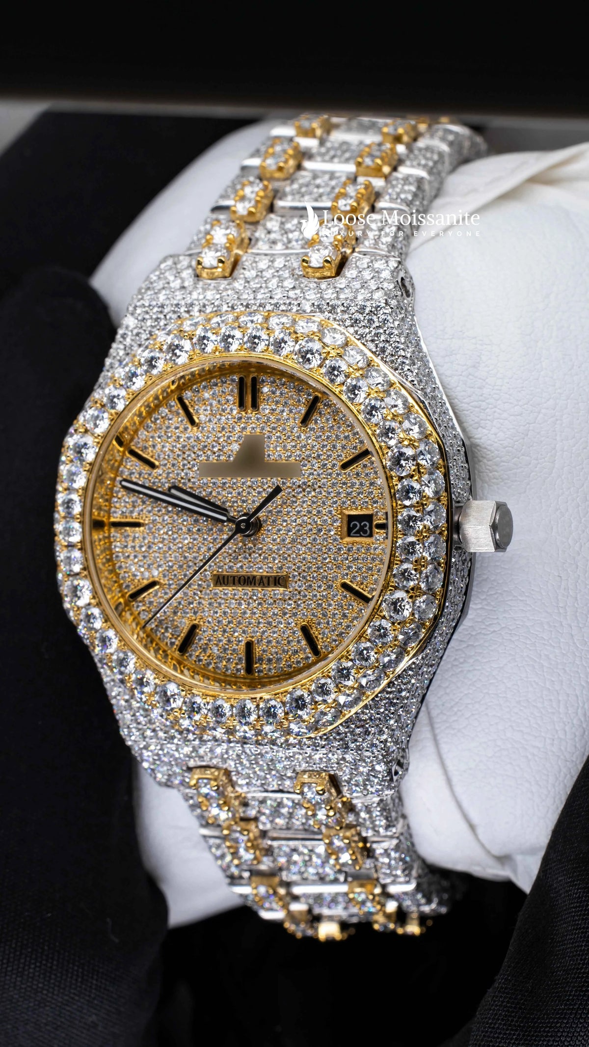 Side view of two tone ap women moissante watch | 36 mm