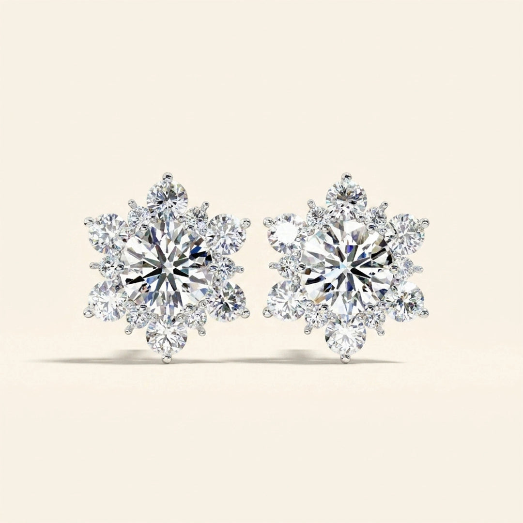 Floral Cluster Earrings Studs Round Cut Design