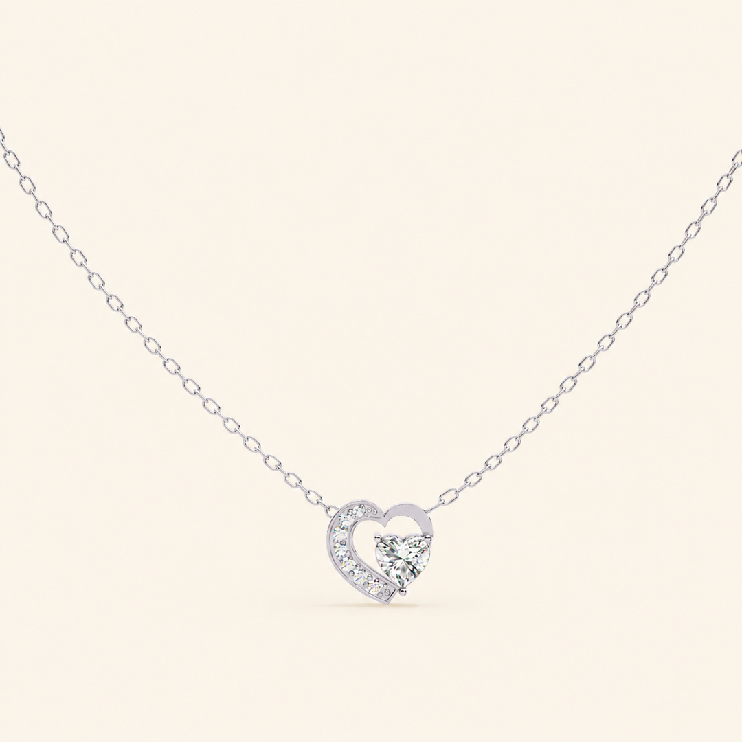 Front View Of Heart Cut Necklace In Pave Prong Setting