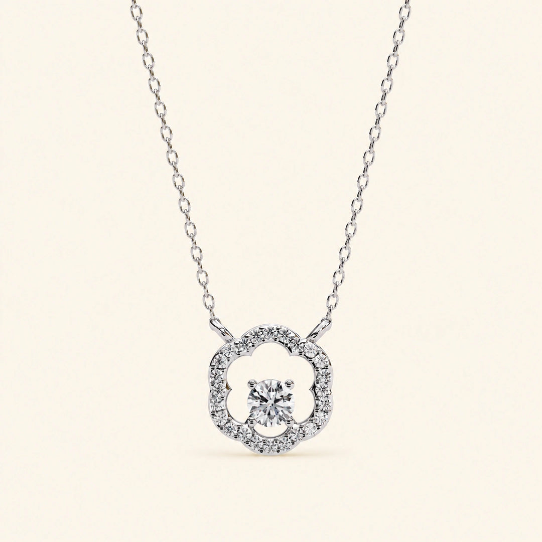Front View Of Round Cut Quatrefoil Necklace